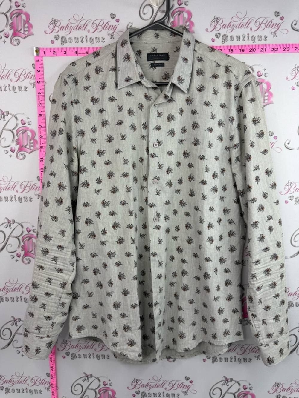 Zara man shirt button down slim fit flowers leafs Beige Floral Button-Up Shirt
